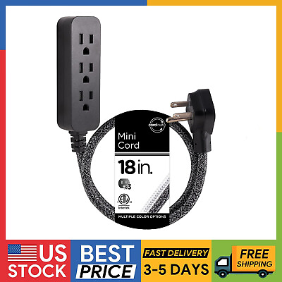 #ad 3 OUTLET POWER STRIP Portable 18quot; Braided Power Extension Cord Black Heather $14.89
