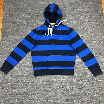 #ad Vintage Polo Ralph Lauren Sweatshirt Men Large Blue Hoodie Rugby Stripe Preppy $55.87