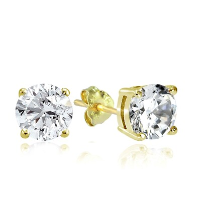 #ad Gold Tone over 925 Sterling Silver 4ct Cubic Zirconia 8mm Round Stud Earrings $13.99
