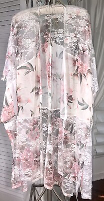 #ad #ad NEW Plus 2X White Open Cardigan Jacket Kimono Pink Floral Lace Topper $28.95
