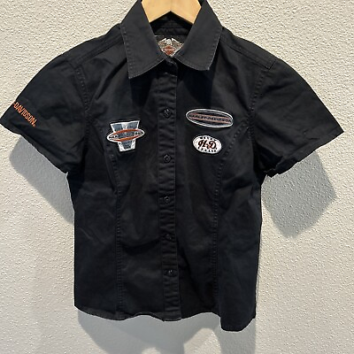 #ad Harley Davidson Women#x27;s Size XS Button Up Mechanic Garage Shirt Patches Black $9.99