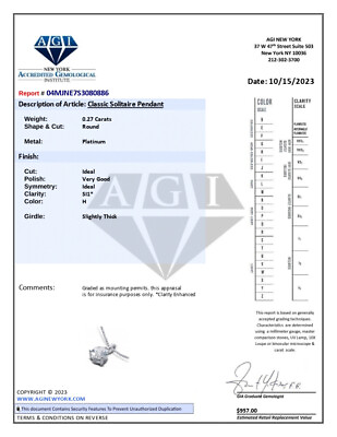 #ad 0.27ct H SI1 Round Natural Certified Diamond Platinum Classic Solitaire Pendant $491.27