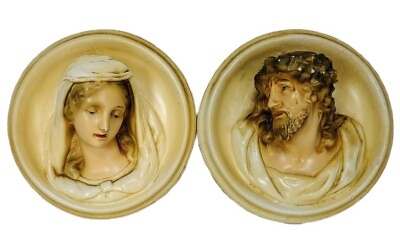 #ad Chalkware Plaster Antique 3D Jesus and Virgin Mary Round Pair of Wall Plaques $150.00