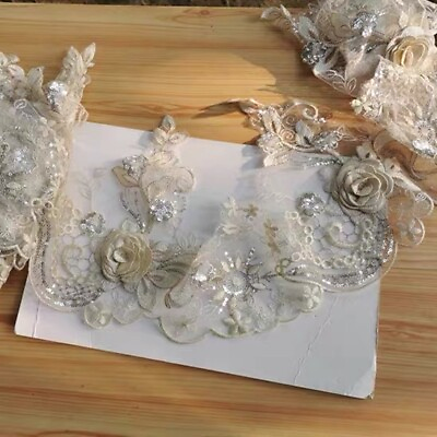 #ad 1Yard Champagne Sequined 3D Flowers Lace Trim Sewing Dress Cloth DIY Wedding $5.99