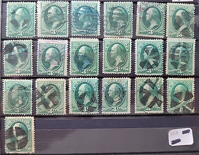 #ad 1873 US 3 Random 3 Cent Washington Stamp Used W Fancy Cancel SC#158 CV $1 $1.50