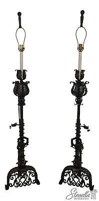 #ad 63377EC: Pair Gothic Wrought Iron Fireplace Andiron Lamps $1695.00