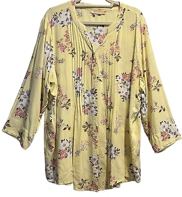 #ad La Cera Top Size 2X Yellow Floral V Neck Lightweight Pintuck Button Up Tunic $22.98