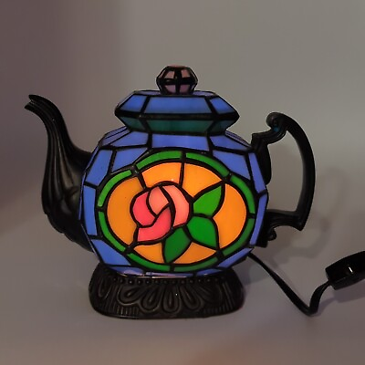 #ad Vtg Stained Glass Cheyenne Floral Tea Pot themed Electric Table Lamp $32.00