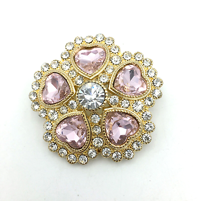#ad MONET blingy gold tone flower brooch pink heart shape rhinestones 1.75quot; pin $18.00