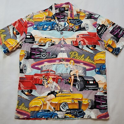 #ad Phils Drive In Shirt Mens Medium Hot Rods Pin Up Girls Hawaiian Cosmic Shirt Co $34.97