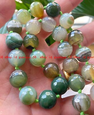 #ad Big 14mm Faceted Green Striped Agate Onyx Gemstone Round Beads Knot Necklace $9.99
