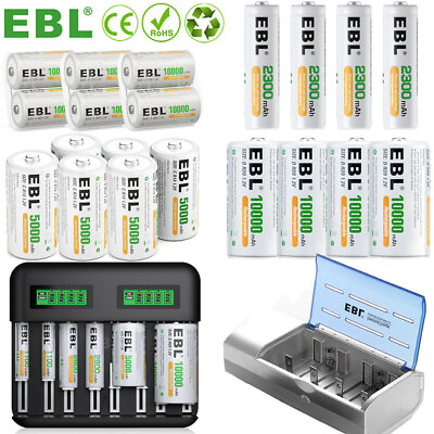 #ad Lot EBL AA AAA C D Cell Rechargeable Batteries NI MH 1.2V Battery LCD Charger $30.99