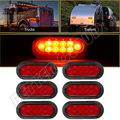 #ad 6X Red 6quot; Oval Trailer Lights 10 LED Truck Sealed Stop Turn Tail w Grommet Plug $42.88