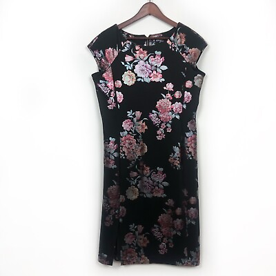 Beige by Eci Black Shimmer Foil Print Floral Cap Sleeve Scuba Dress Women#x27;s 10 $44.99