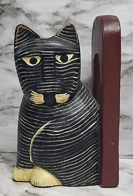 #ad Cat Bookend. Single Book End. Wooden. Hand Made. Handpainted. Striped. Cute. $18.00