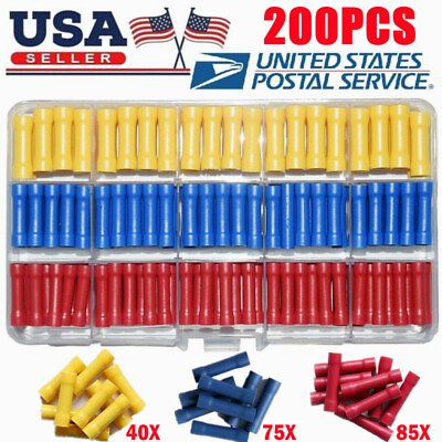 #ad 200PCS Insulated Straight Electrical Wire Butt Connectors Crimp Splice Terminals $7.99