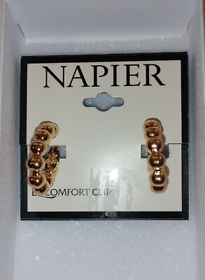 #ad Napier Gold Tone Bead Hoop Clip On Comfort Earrings $24.99