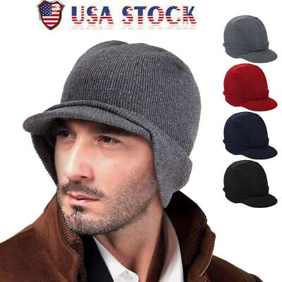 #ad Mens Winter Fleece Lined Visor Hat with Earflaps Knitted Baseball Cap Newsboy $8.09