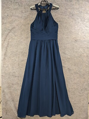 #ad Azazie Dress Womens A 12 Navy Blue Lined Chiffon Halter Pleated Bodice Maxi $31.48