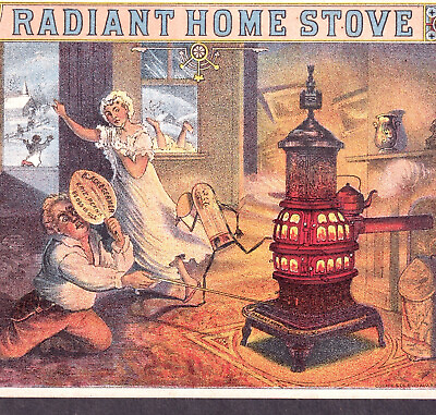 #ad George W Peck Humor 1800#x27;s Antique Radiant Home Stove Anthropomorphic Trade Card $75.00