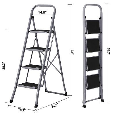 #ad Non slip 4 Step Ladder Folding Wide Pedal Steel Stool Convenient Handgrip Grey $42.99