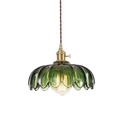 #ad Vintage Pendant Light Fixtures Hanging Green Glass Pendant Light Gold Vinta... $101.39