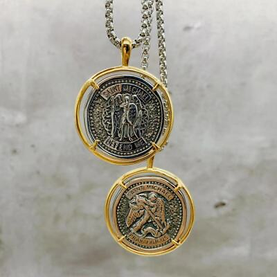 #ad #ad ARCHANGEL SAINT MICHAEL STAINLESS STEEL COIN NECKLACE Pendant Gold Silver Men $12.99