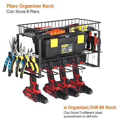 #ad Garage Power Tool Organizer Rack with Basket 4 Drills Storage Rack Wall Mounted $20.99