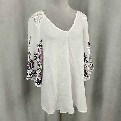 #ad #ad Fig and Flower Blouse Womens 2X White Purple Paisley Lace Shoulder Sheer Tunic $21.59