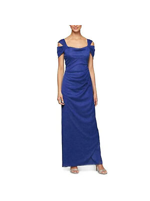 #ad ALEX EVENINGS Womens Blue Draped Ruffled Short Sleeve Maxi Evening Dress 14 $62.99