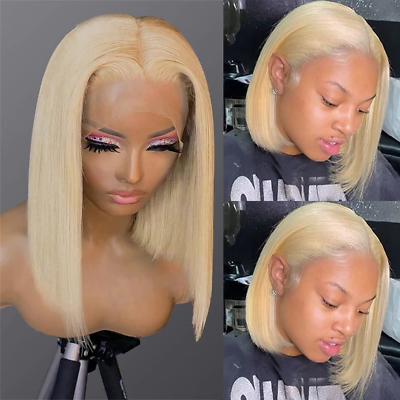 #ad Blonde Bob Wigs Human Hair Lace Frontal T Part 13X1X4 Middle Part Brazilian Remy $66.23