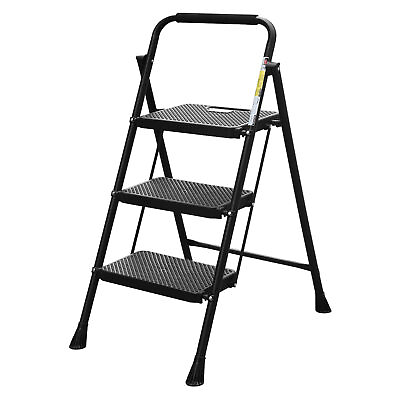 #ad Ladder Folding Steel Step Stool Anti slip 300Lbs Capacity 3 Step Black $54.99