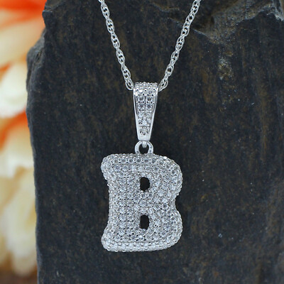 #ad Real Solid 925 Silver Bubble Letters Initial quot;Bquot; Pendant Simulated Diamonds $35.41
