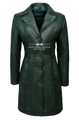#ad Ladies Leather Coat Green Soft Real Leather Classic Slim Fit Trench Coat 3457 GBP 95.01