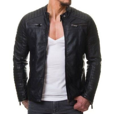 #ad New Leather Jacket Mens Biker Motorcycle Real Leather Coat Slim Fit Black #1148 $118.00