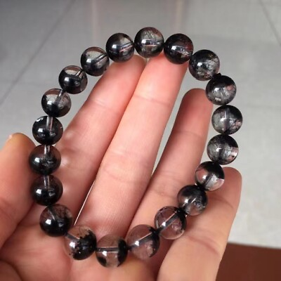 #ad 9.6mm Natural Clear Quartz Black Phantom Crystal Gemstone Round Beads Bracelet $170.84