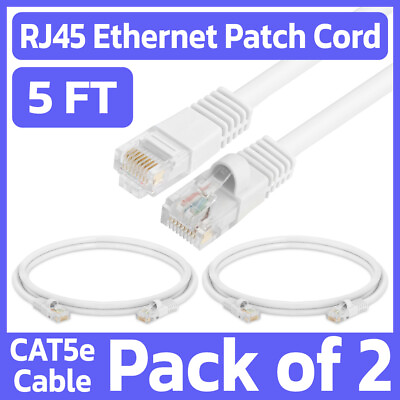 #ad 2 Pack White Cat5e Ethernet Patch Cable 5ft RJ45 Network Cord LAN Internet Wire $8.19