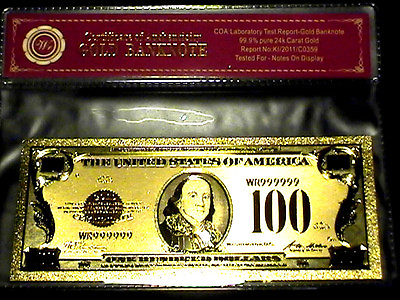 #ad 99.9% 24K GOLD 1928 $100 GOLD CERTIFICATE BILL US BANKNOTE IN PVC W COA $5.88