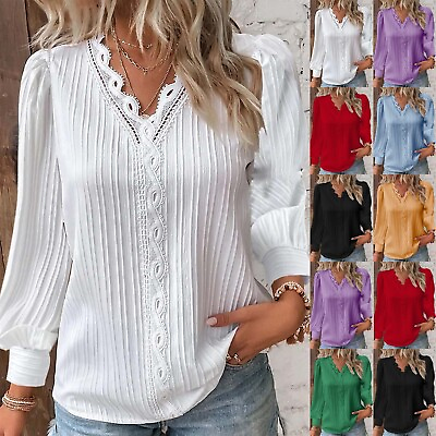 #ad Womens Lace V Neck Long Sleeve Top Shirt Ladies Summer Autumn Solid Boho Blouse $17.66