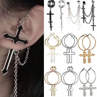 #ad 1pair Gothic Cross Drop Earrings Vintage Chain Hoop Earring Women Statement Jewe $14.50