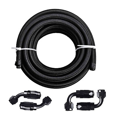 #ad 4PCS AN8 8AN Fitting Stainless Steel Braided Oil Fuel Hose Line 20FT Kit BK $35.59