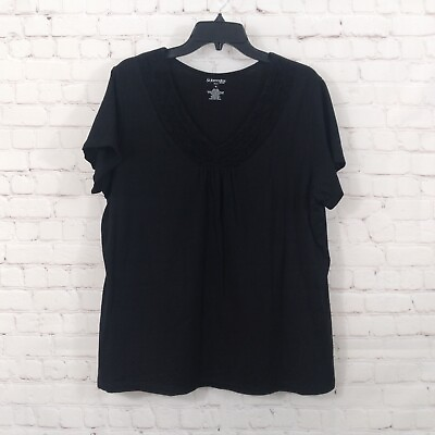 #ad St Johns Bay Top Womens 1X Black Short Sleeve Cotton Ruffle V Neck T Shirt $15.98
