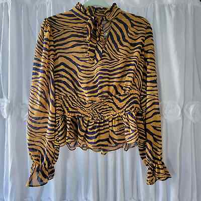 #ad Milk Honey Animal Print Blouse Zebra Tiger Stripe Tie Neck Smocked Waist Large $18.98