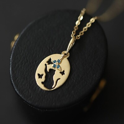 #ad 9ct Solid Gold Catjoy Coin Charm Pendant 9K Au375 gift for her cat blue gem GBP 72.00