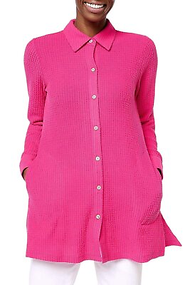 #ad Susan Graver Weekend Brushed Waffle Knit Button Up Shirt Pink $31.99