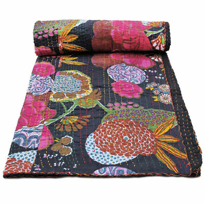 #ad Indian Black Floral Kantha Quilt Reversible Queen Size Bedspread Throw Bed Cover $51.77