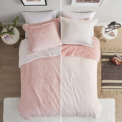 #ad Shaggy Faux Fur Cozy Reversible Comforter Set Petal Print Reverse Modern All Se $71.99