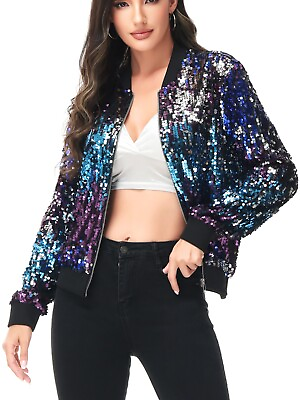 #ad Womens Long Sleeve Front Zip Track Stripe Sequin Bomber Jacket $35.99