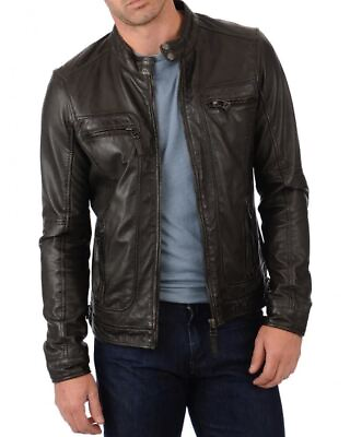 #ad New Leather Jacket Mens Biker Motorcycle Real Leather Coat Slim Fit Black #288 $118.00