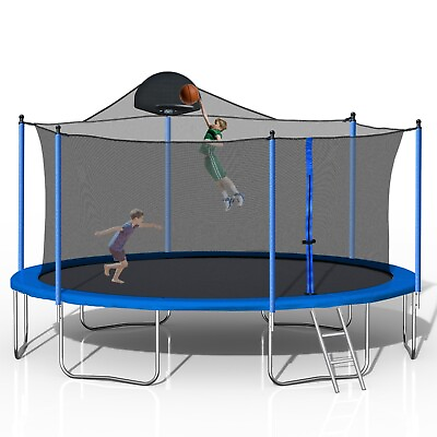 #ad 14FT Trampoline with Safety Enclosure Net Spring Pad Ladder Basketball Hoop $264.99